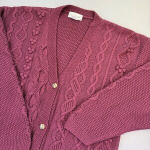 VTG L.L. Bean Women's L Fisherman Sweater Cardigan Burgundy Pockets Cotton